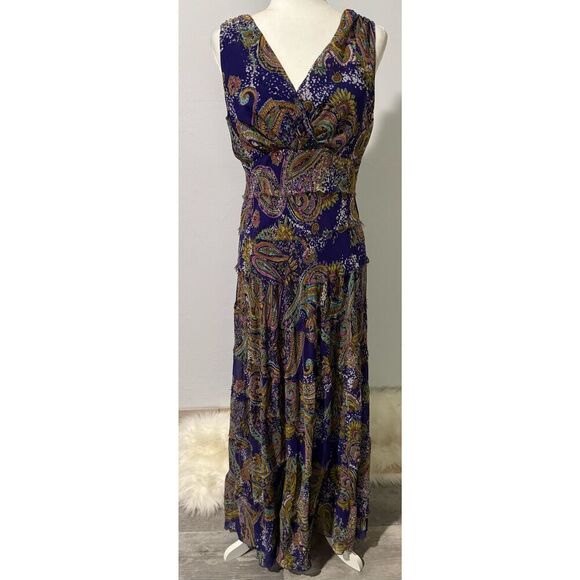 Jones New York tiered purple whimsical paisley print maxi dress 10 - Picture 1 of 9
